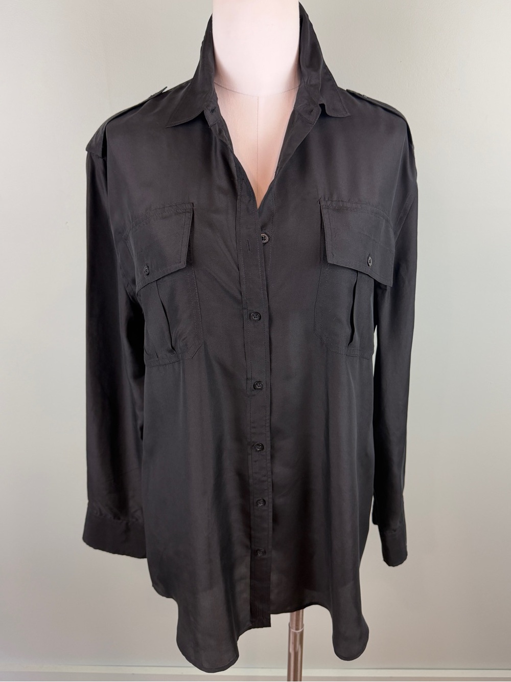 LRL Ralph Lauren Black Silk Button-Front long sleeve Utility Shirt, size Large